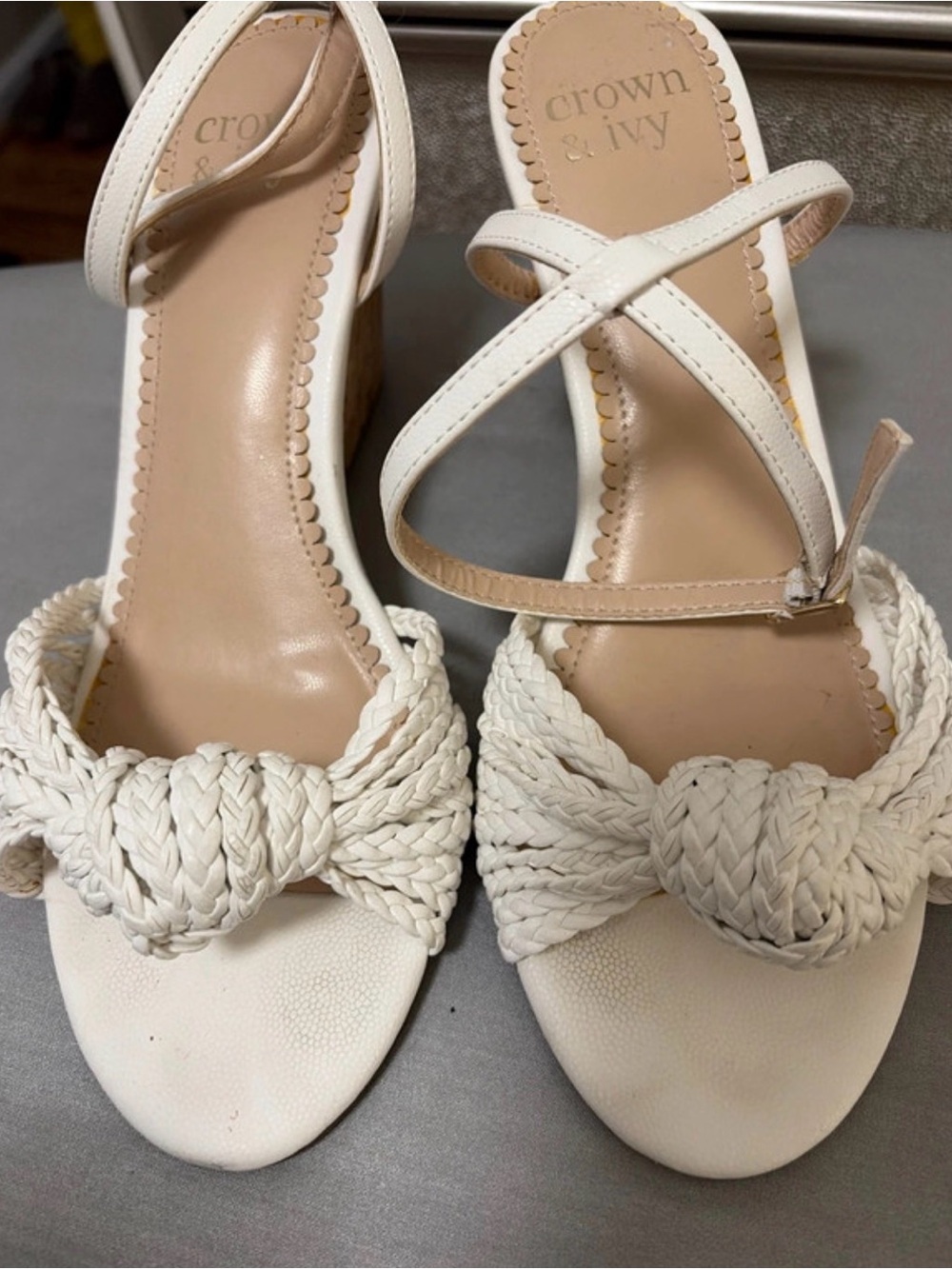 crown & ivy White Braided Knot Wedge Sandals with Ankle Strap